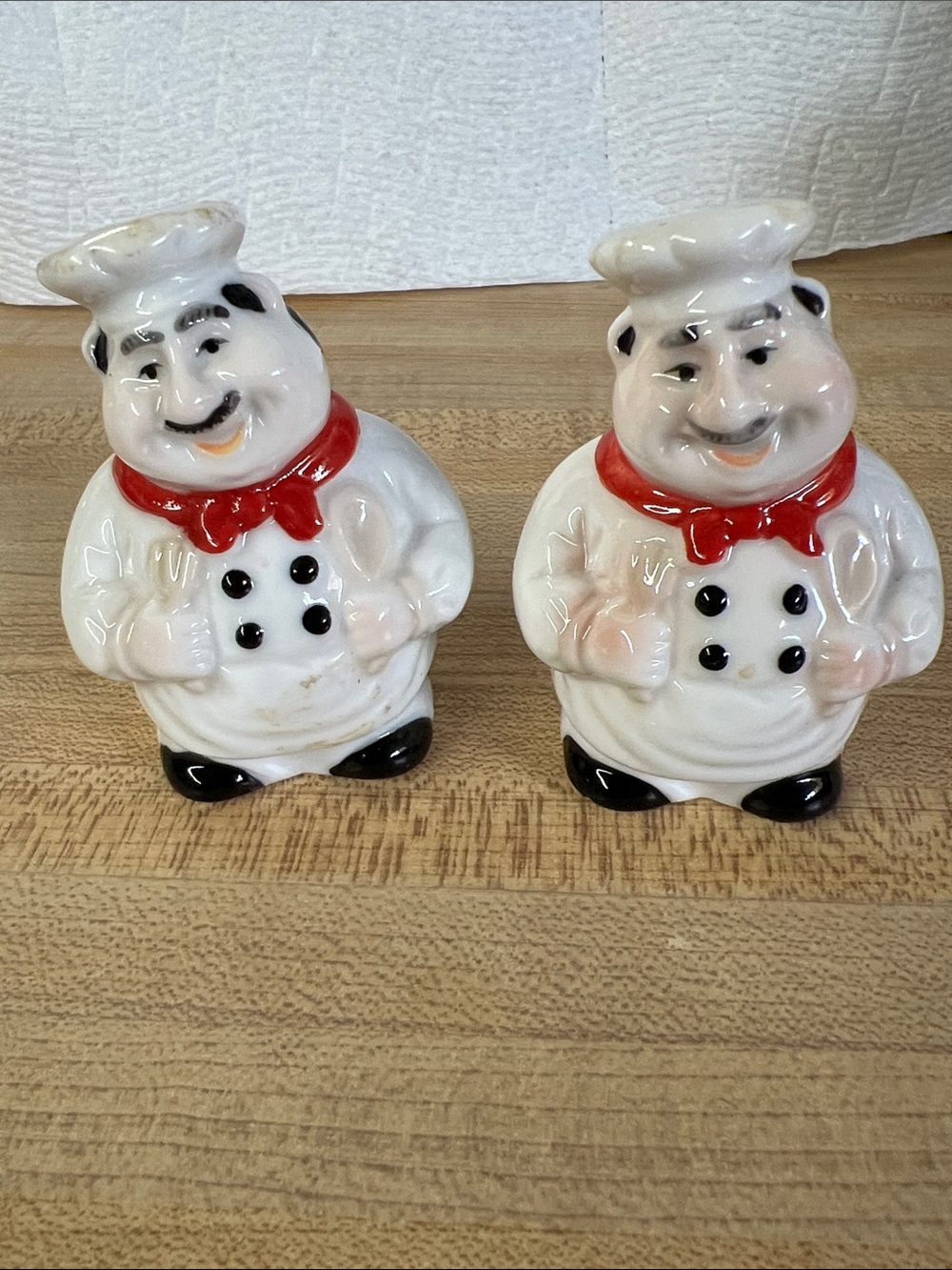 Vintage White Ceramic Chef Salt and Pepper Shakers with Red Accents